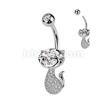 316L Surgical Steel 316L Surgical Steel Belly Ring With CZ Cat Head and... - Image 2
