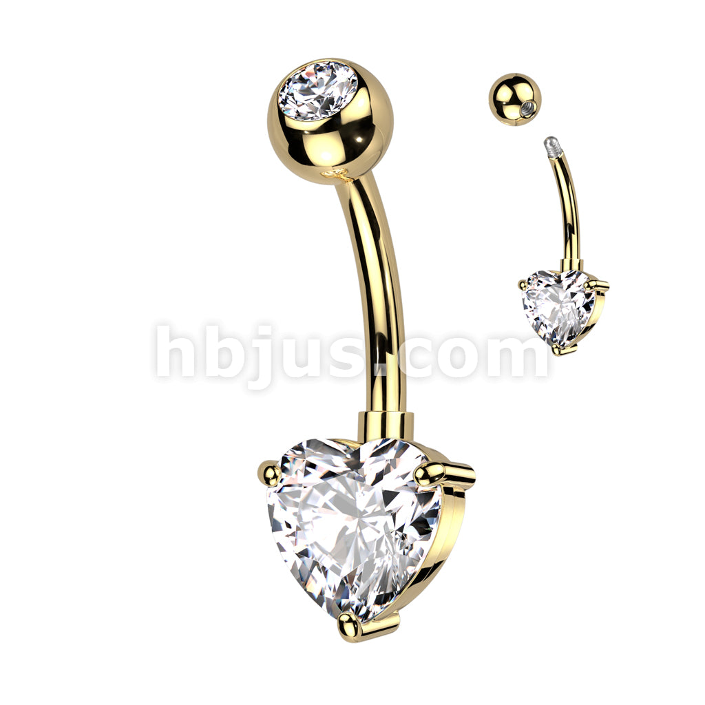 Implant Grade Titanium With Pressed Fit CZ Top and Heart Brass Prong Set CZ Belly Button Ring - Image 3