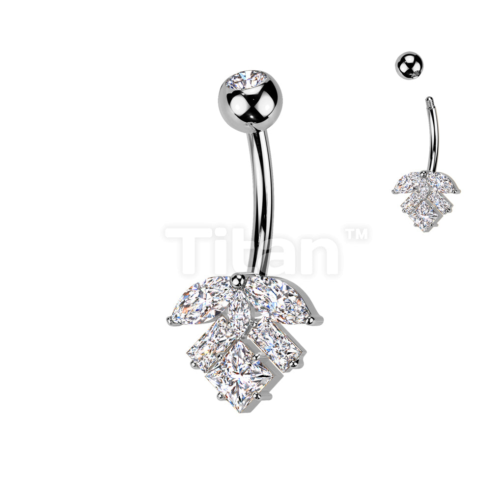 Implant Grade Titanium Bezel Set CZ Top With Brass Marquise And Square CZ Leaf Belly Button Ring - Image 2
