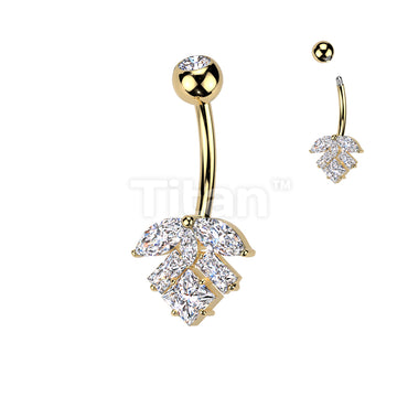 Implant Grade Titanium Bezel Set CZ Top With Brass Marquise And Square CZ Leaf Belly Button Ring - Image 3
