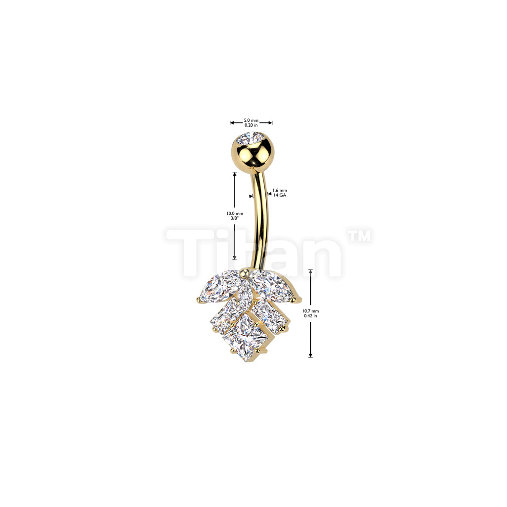 Implant Grade Titanium Bezel Set CZ Top With Brass Marquise And Square CZ Leaf Belly Button Ring - Image 4