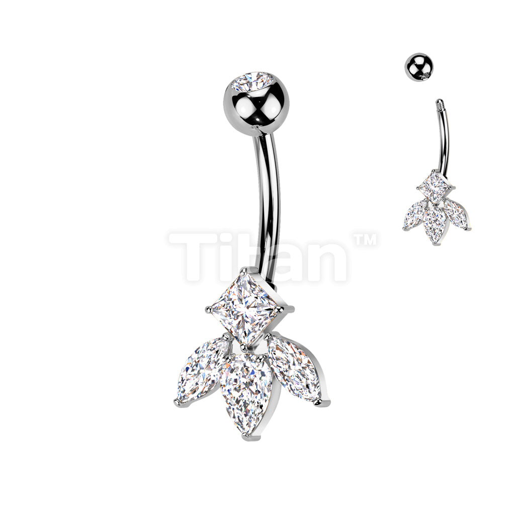 Implant Grade Titanium Bezel Set CZ Top With Brass Marquise And Diamond CZ Flower Belly Button Ring - Image 2