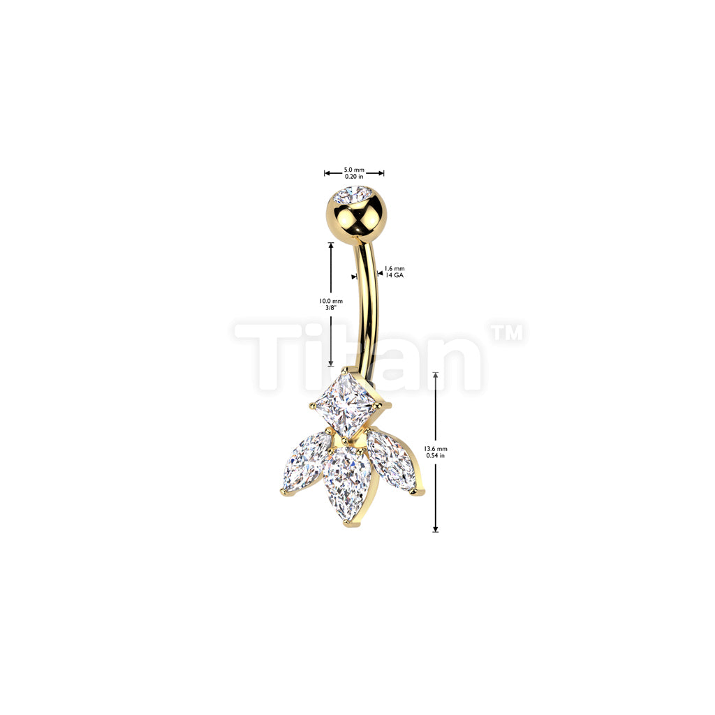 Implant Grade Titanium Bezel Set CZ Top With Brass Marquise And Diamond CZ Flower Belly Button Ring - Image 4