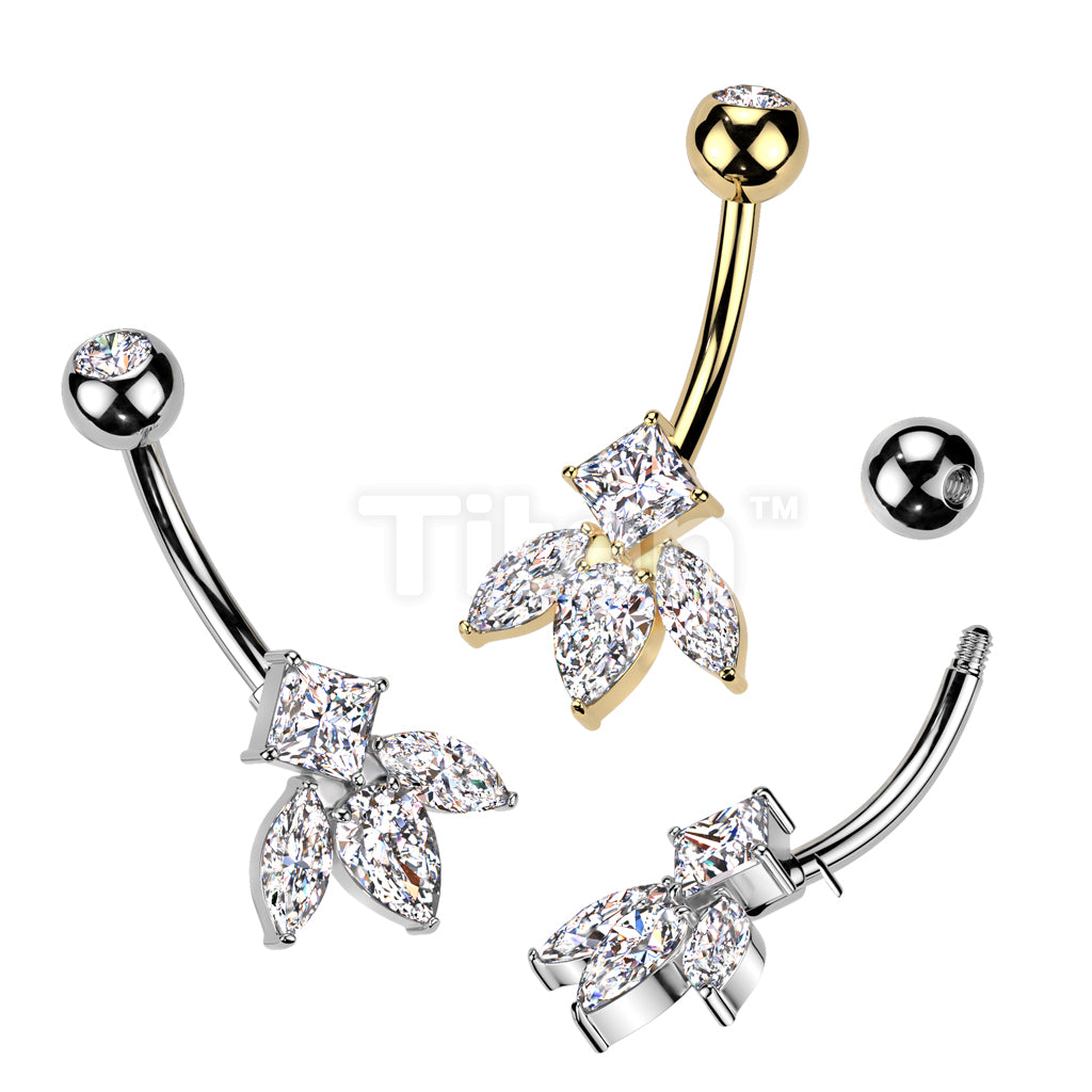 Implant Grade Titanium Bezel Set CZ Top With Brass Marquise And Diamond CZ Flower Belly Button Ring