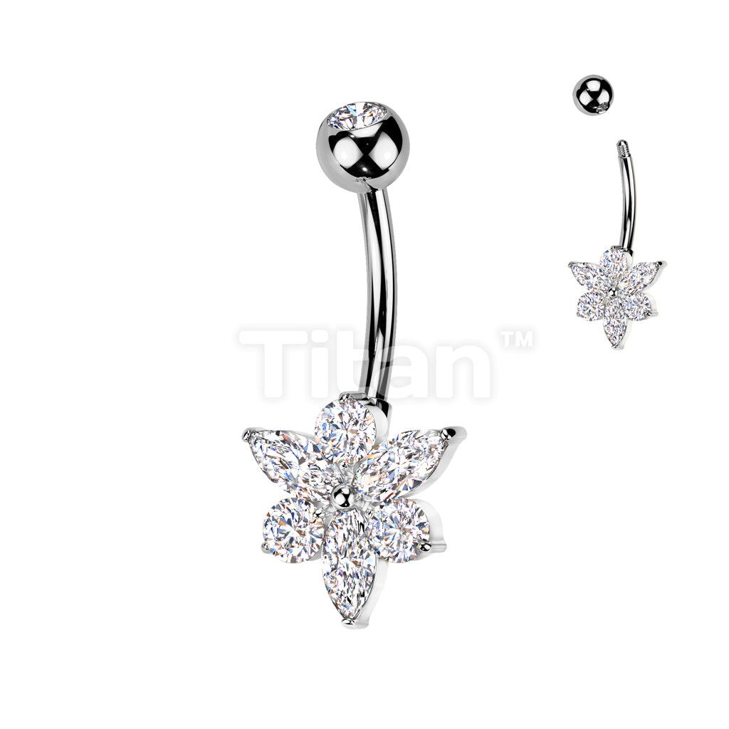 Implant Grade Titanium Bezel Set CZ Top With Brass Marquise And Round CZ Flower Belly Button Ring - Image 2