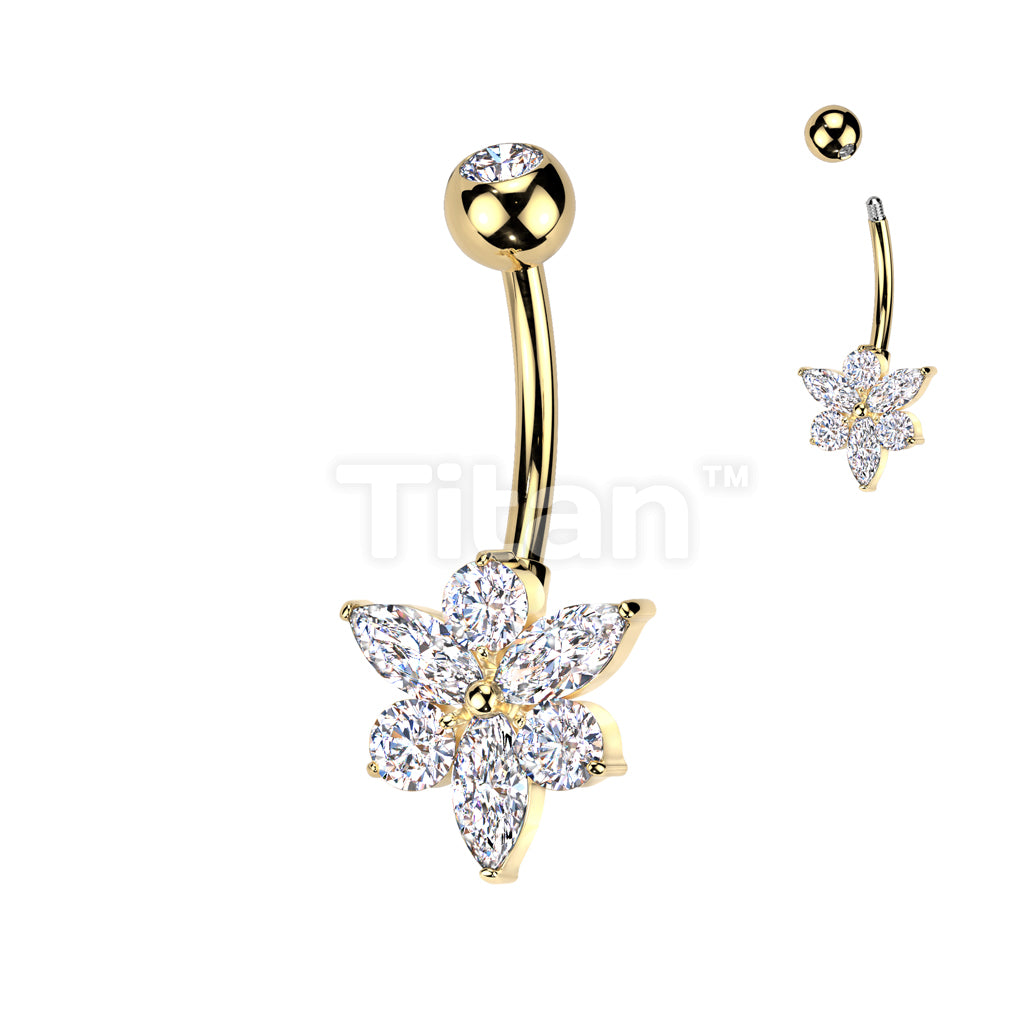 Implant Grade Titanium Bezel Set CZ Top With Brass Marquise And Round CZ Flower Belly Button Ring - Image 3