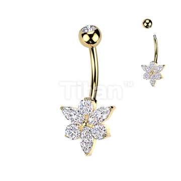Implant Grade Titanium Bezel Set CZ Top With Brass Marquise And Round CZ Flower Belly Button Ring - Image 3