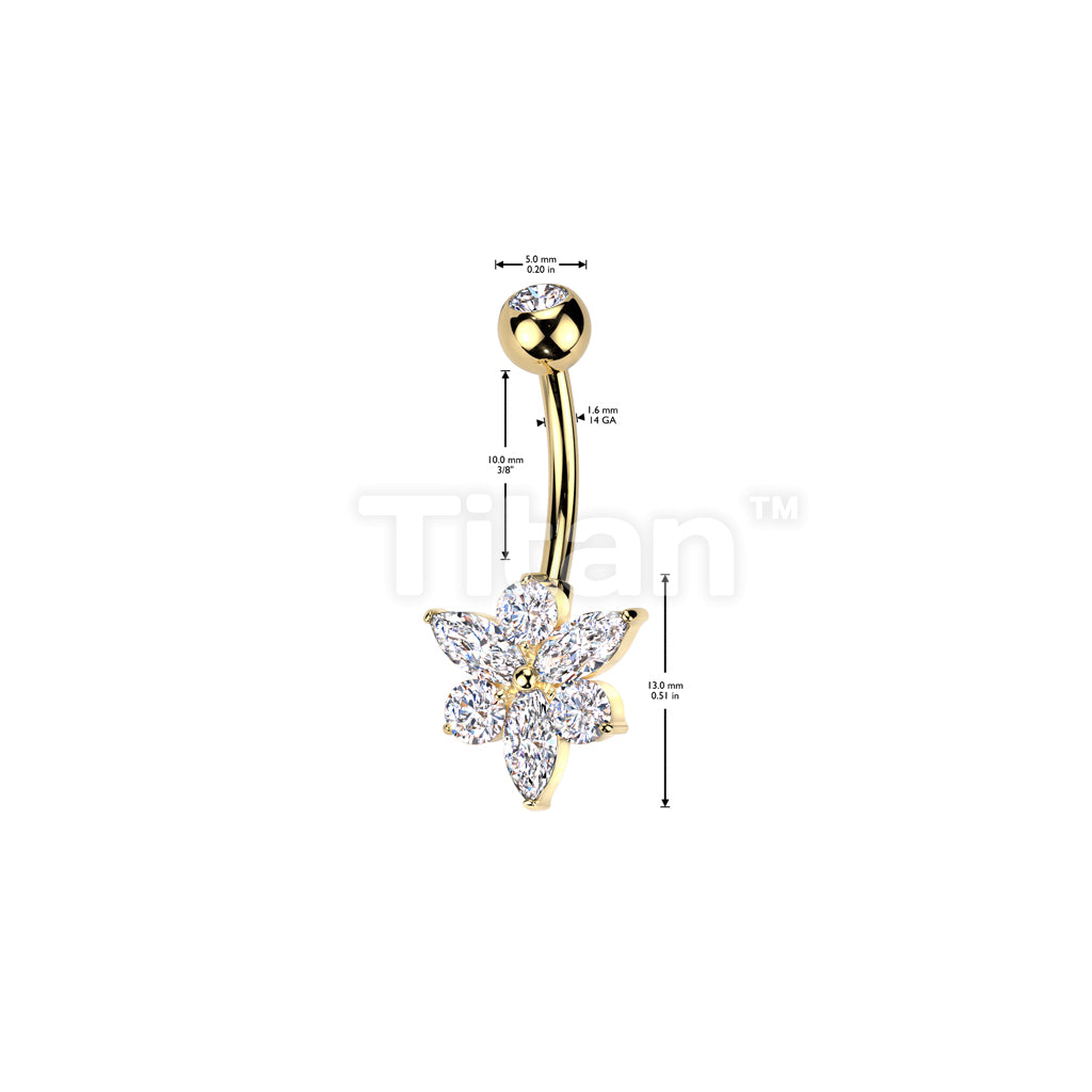 Implant Grade Titanium Bezel Set CZ Top With Brass Marquise And Round CZ Flower Belly Button Ring - Image 4