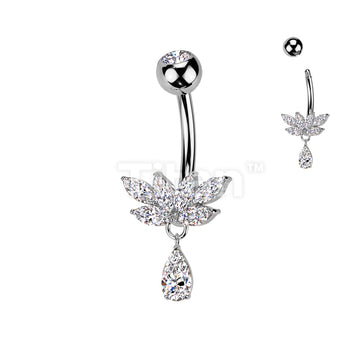 Implant Grade Titanium Bezel Set CZ Top With Brass Marquise CZ Fan And CZ Teardrop Dangle Belly Button Ring - Image 2