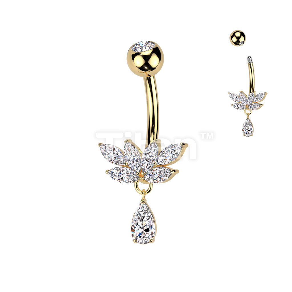 Implant Grade Titanium Bezel Set CZ Top With Brass Marquise CZ Fan And CZ Teardrop Dangle Belly Button Ring - Image 3