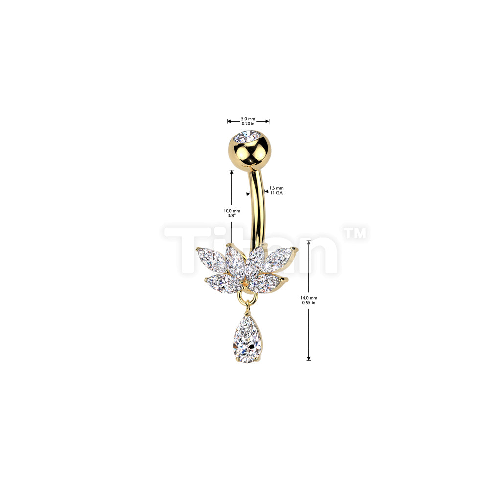 Implant Grade Titanium Bezel Set CZ Top With Brass Marquise CZ Fan And CZ Teardrop Dangle Belly Button Ring - Image 4