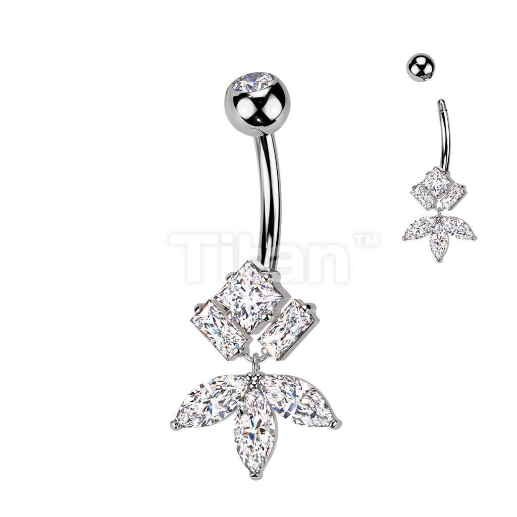 Implant Grade Titanium Bezel Set CZ Top With Brass Diamond Bottom And Marquise CZ Fan Dangle Belly Button Ring - Image 2