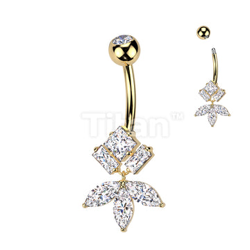 Implant Grade Titanium Bezel Set CZ Top With Brass Diamond Bottom And Marquise CZ Fan Dangle Belly Button Ring - Image 3