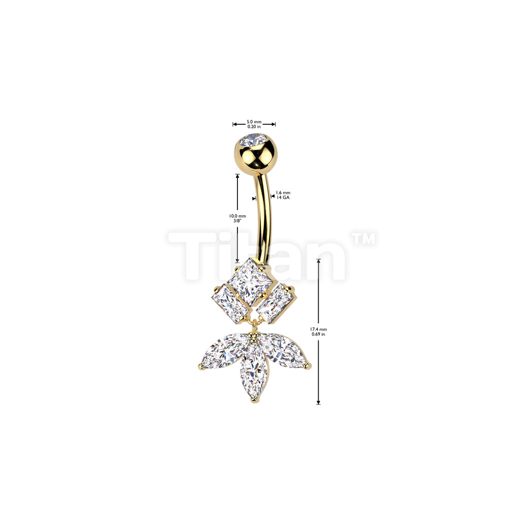 Implant Grade Titanium Bezel Set CZ Top With Brass Diamond Bottom And Marquise CZ Fan Dangle Belly Button Ring - Image 4