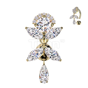 Implant Grade Titanium Brass Top Down Arch CZ Top With Marquise CZ Vine Dangle Belly Button Ring - Image 3