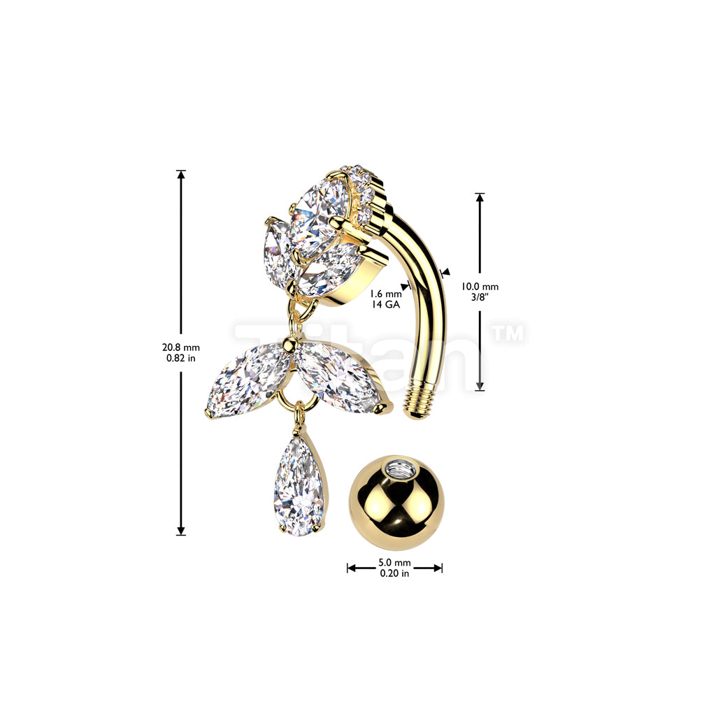 Implant Grade Titanium Brass Top Down Arch CZ Top With Marquise CZ Vine Dangle Belly Button Ring - Image 4