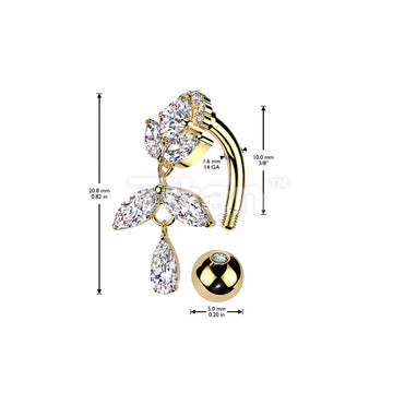 Implant Grade Titanium Brass Top Down Arch CZ Top With Marquise CZ Vine Dangle Belly Button Ring - Image 4