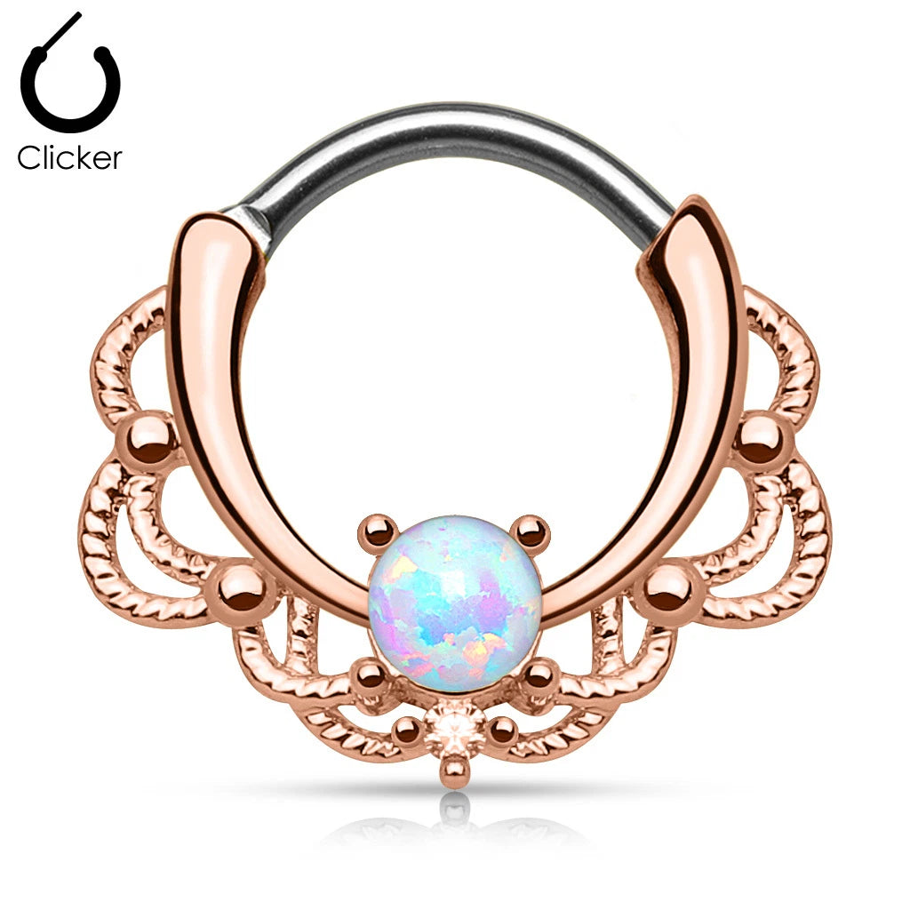 Opal Centered Filigree Rose Gold Plated Round 316L Surgical Steel Bar...