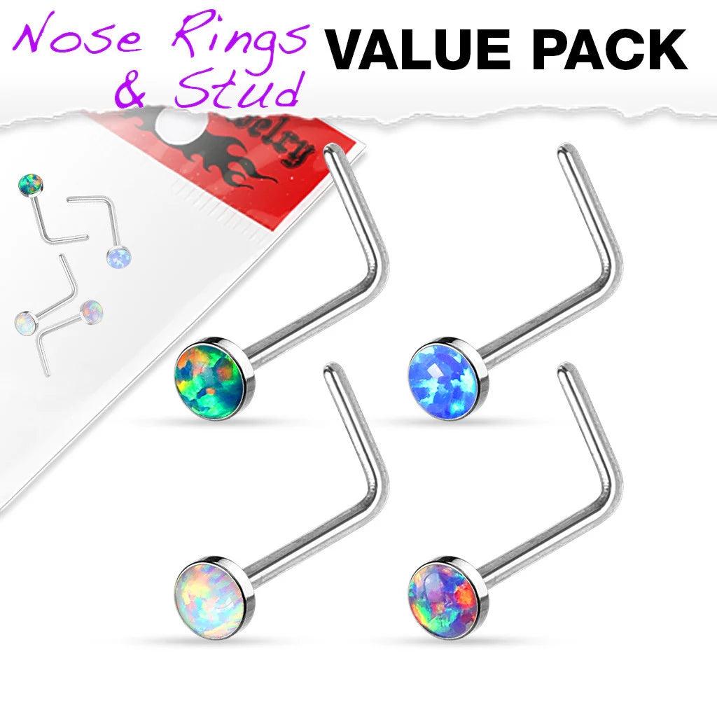 Opal Set 316L Surgical Steel "L" Bend Nose Stud Rings