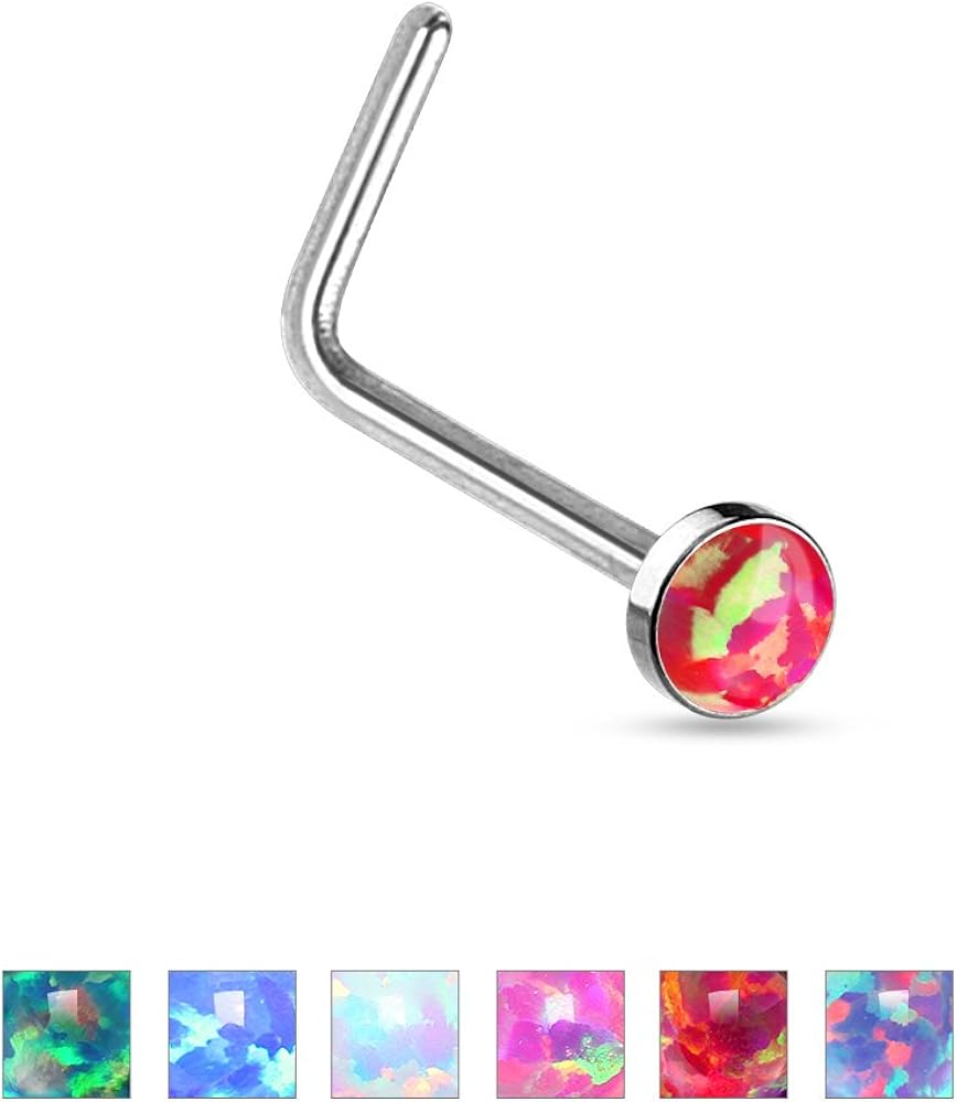 Opal Set Flat Top 316L Surgical Steel "L" bend Nose Stud Rings