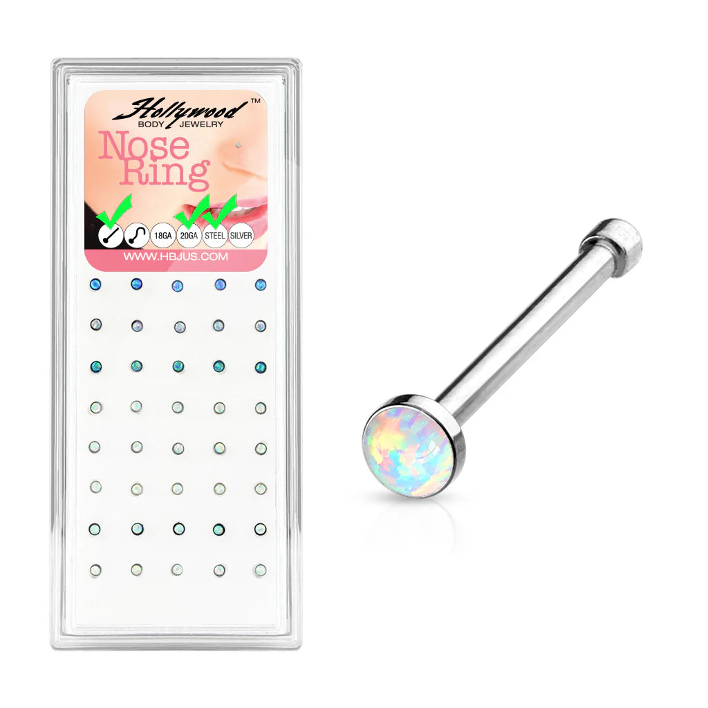 Opal Set Flat Top of 20 Gauge 316L Surgical Steel Nose Bone