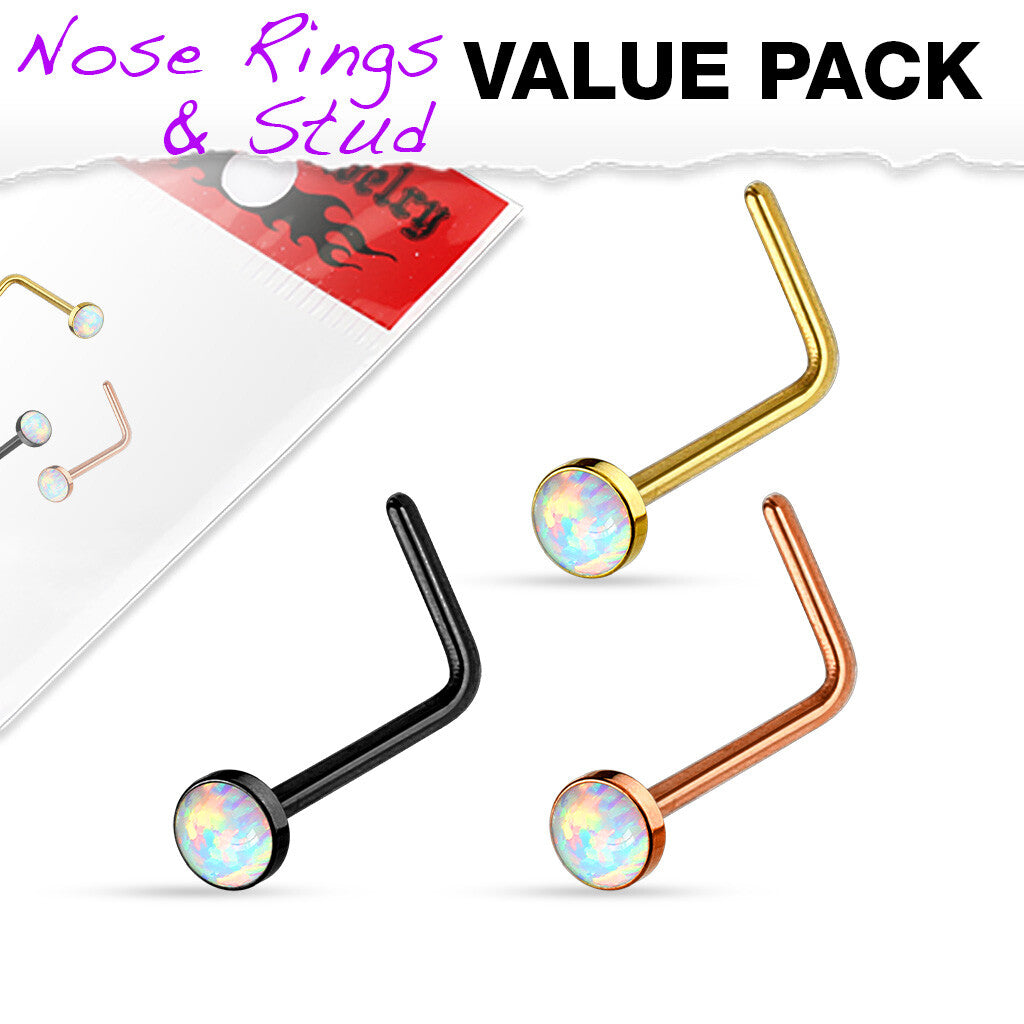 Opal Set IP Over 316L Surgical Steel "L" Bend Nose Stud Rings