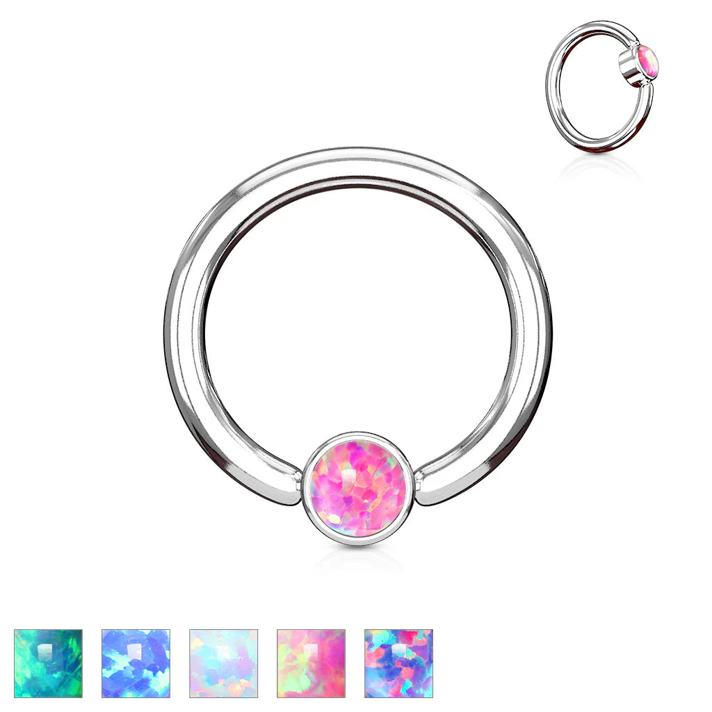 Opal Set Round Flat Cylinder Captive Hoop Rings 316L surgical Steel