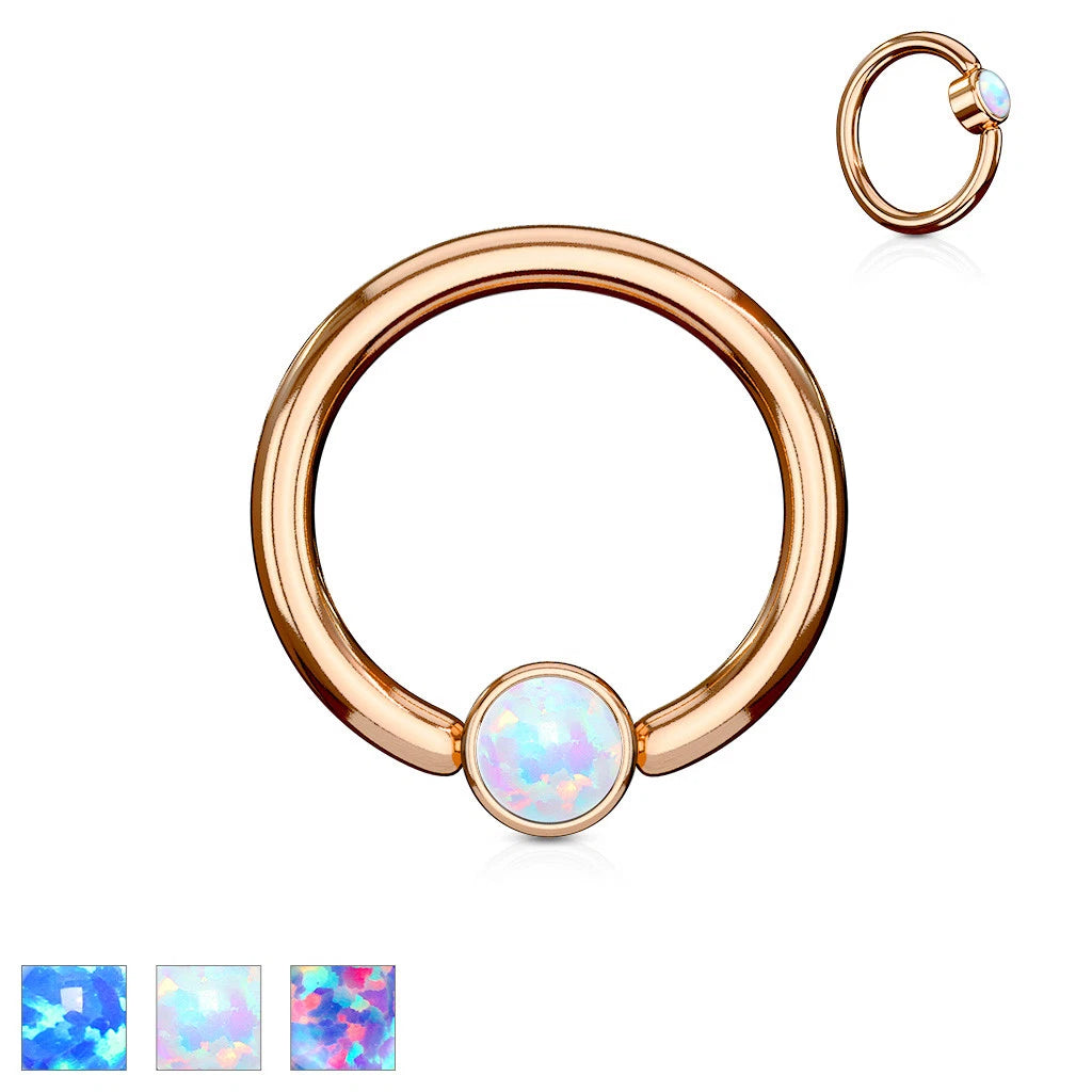 Opal Set Round Flat Cylinder Captive Rings RoseGold IP Over 316L...