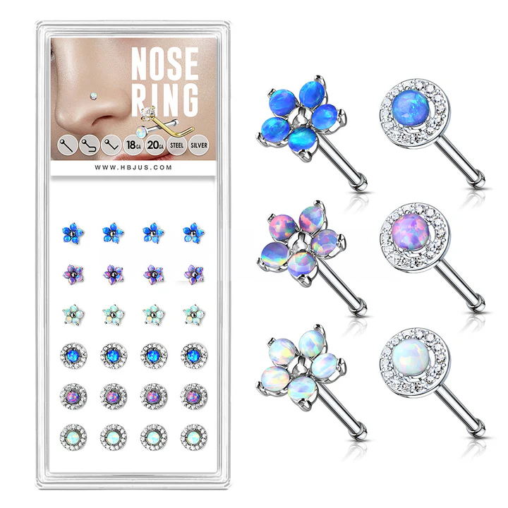 Opal Set Mixed Style 20ga 316L Surgical Steel Nose Stud Rings Pack (6 Styles x)