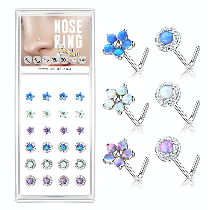 Opal Themed "L" Bend 20 Gauge 316L Surgical Steel Nose Bone