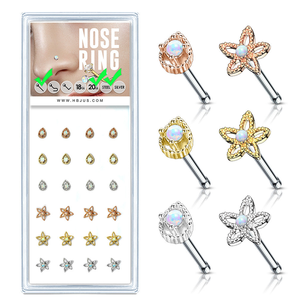 Opal Set 20ga 316L Surgical Steel Nose Stud Rings Pack (6 Styles x)