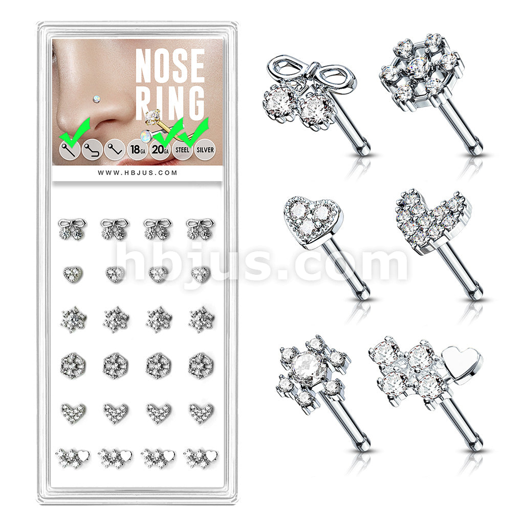 24 Pcs Pre Loaded Box of Mixed Styles 20ga 316L Surgical Steel Nose Stud Rings Pack (6 Styles x 4 Pcs)