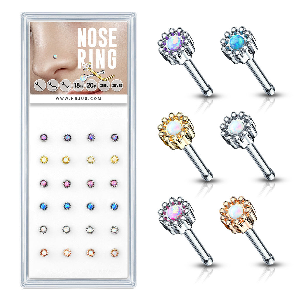 Opal Set Round Top 316L Surgical Steel Nose Stud Rings Pack ( x)