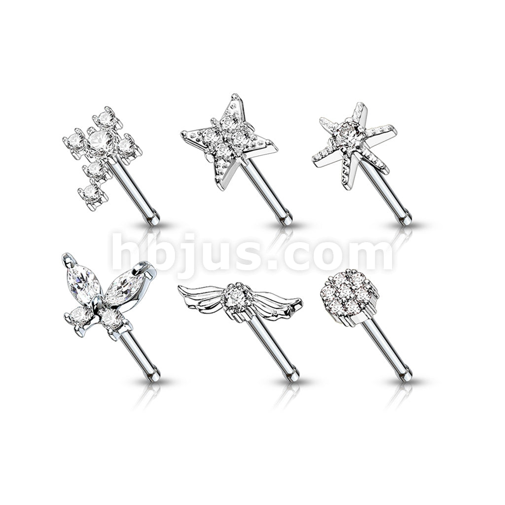 24 Pcs Pre Loaded Box of Mixed Styles with Clear CZ Top 20ga 316L Surgical Steel Nose Stud Rings Pack (6 Styles x 4 Pcs) - Image 2