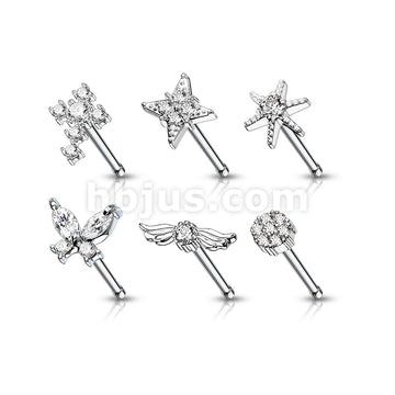 24 Pcs Pre Loaded Box of Mixed Styles with Clear CZ Top 20ga 316L Surgical Steel Nose Stud Rings Pack (6 Styles x 4 Pcs) - Image 2