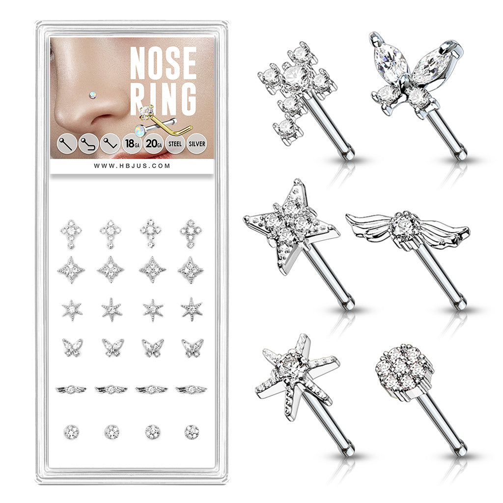 with Clear CZ Top 20ga 316L Surgical Steel Nose Stud Rings Pack (6 Styles x)