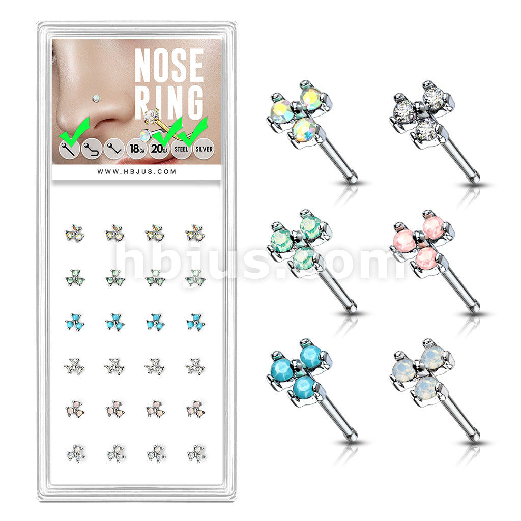 24 Pcs Pre Loaded Box of Three Stone Prong Set 20ga 316L Surgical Steel Nose Stud Rings Pack (6 Color x 4 Pcs)