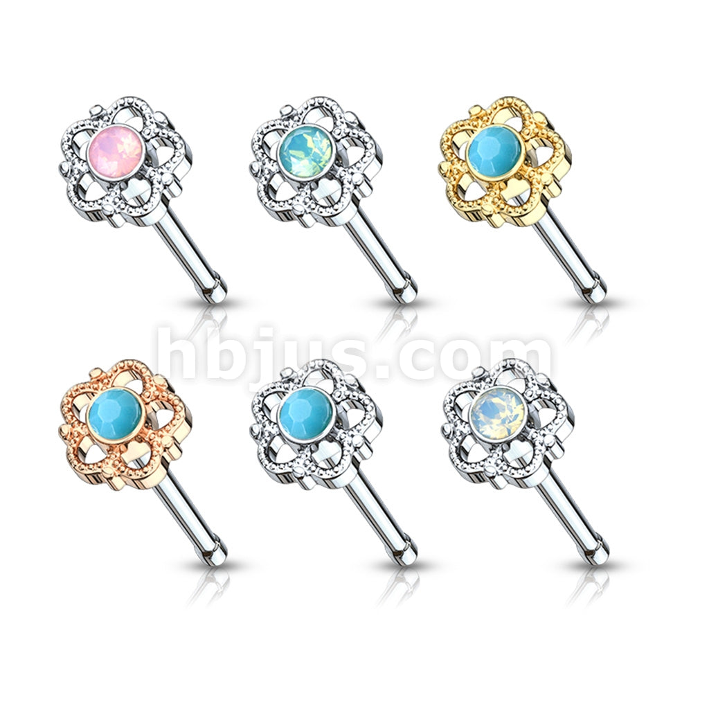 24 Pcs Pre Loaded Box of Turquoise and Opalite Centered Filigree Flower Top 316L Surgical Steel Nose Stud Rings Pack (6 Colors x 4 Pcs) - Image 2
