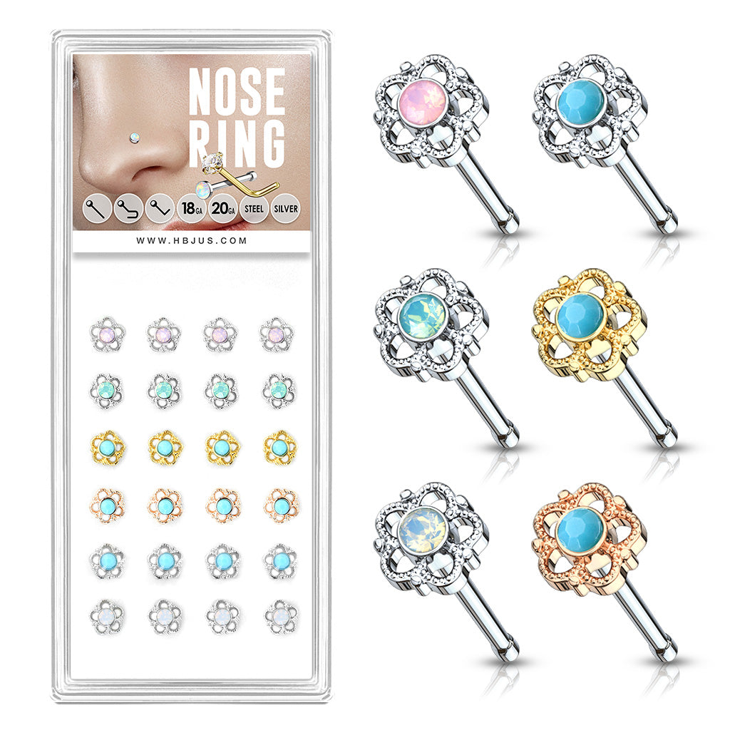 Turquoise and Opalite Centered Filigree Flower Top 316L Surgical Steel Nose Stud Rings Pack ( x)