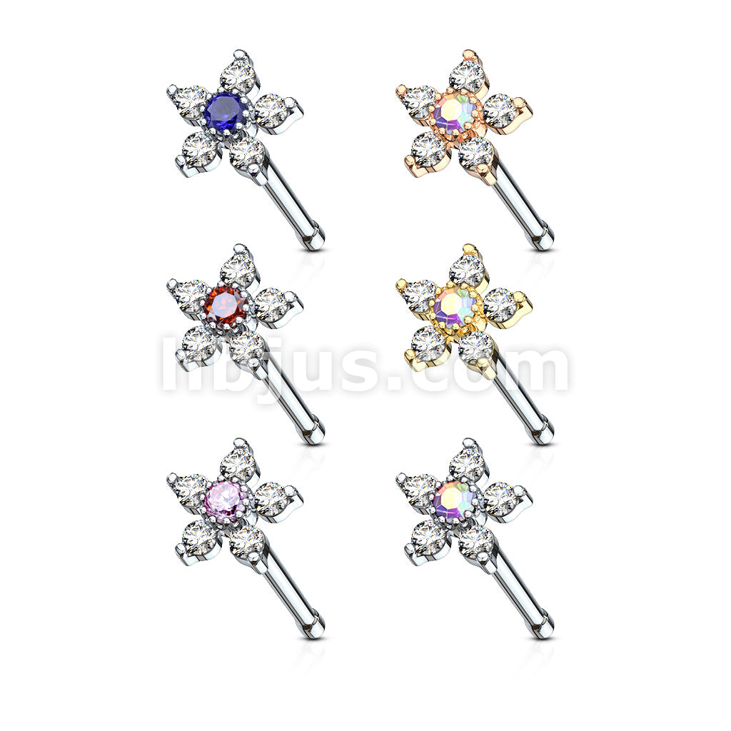 24 Pcs Pre Loaded Box of 6 CZ Flowers 20 Gauge 316L Surgical Steel Nose Stud Rings Pack (6 Colors x 4 Pcs) - Image 2