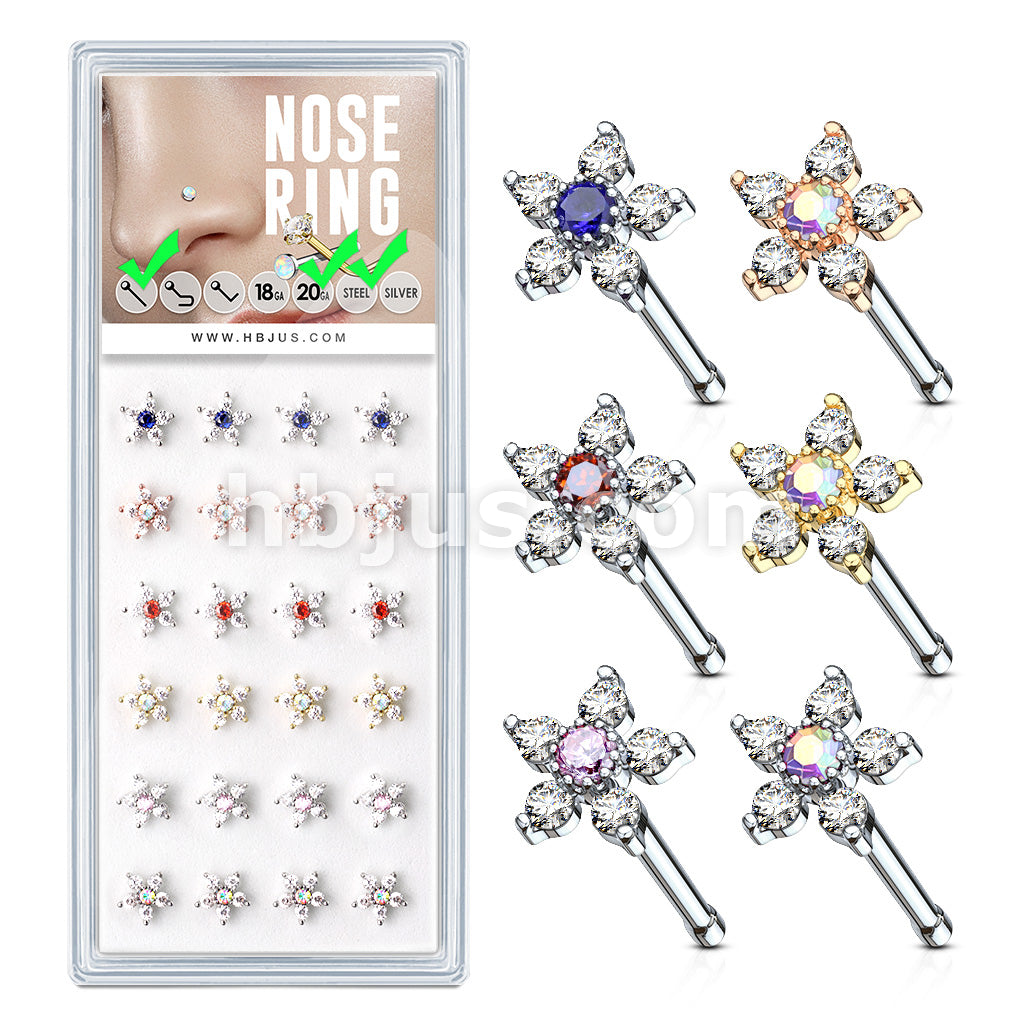 24 Pcs Pre Loaded Box of 6 CZ Flowers 20 Gauge 316L Surgical Steel Nose Stud Rings Pack (6 Colors x 4 Pcs)