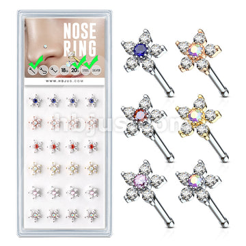 24 Pcs Pre Loaded Box of 6 CZ Flowers 20 Gauge 316L Surgical Steel Nose Stud Rings Pack (6 Colors x 4 Pcs)