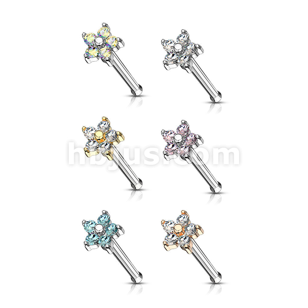 24 Pcs Pre Loaded Box of CZ Flower To 20ga 316L Surgical Steel Nose Stud Rings Pack (6 Colors x 4 Pcs) - Image 2