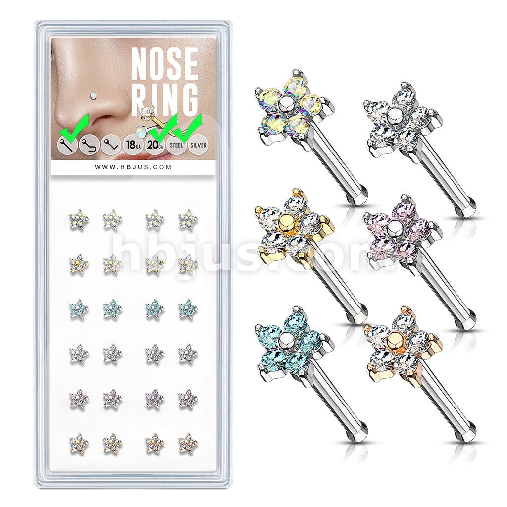 24 Pcs Pre Loaded Box of CZ Flower To 20ga 316L Surgical Steel Nose Stud Rings Pack (6 Colors x 4 Pcs)