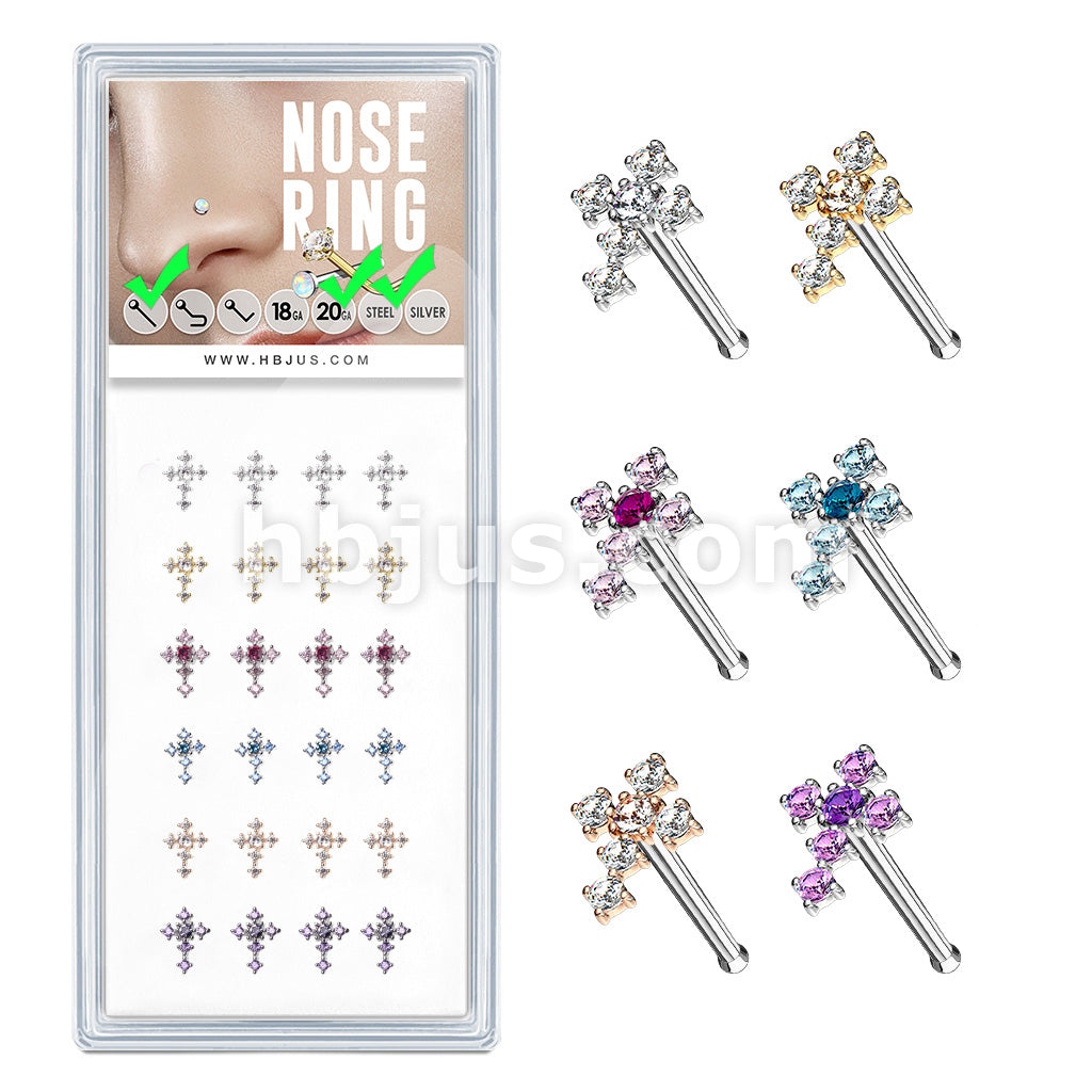 24 Pcs Pre Loaded Box of CZ Cross 20 Gauge 316L Surgical Steel Nose Stud Rings Pack (6 Colors x 4 Pcs)
