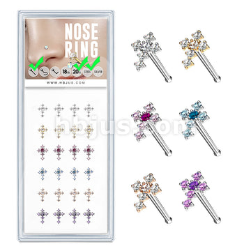 24 Pcs Pre Loaded Box of CZ Cross 20 Gauge 316L Surgical Steel Nose Stud Rings Pack (6 Colors x 4 Pcs)