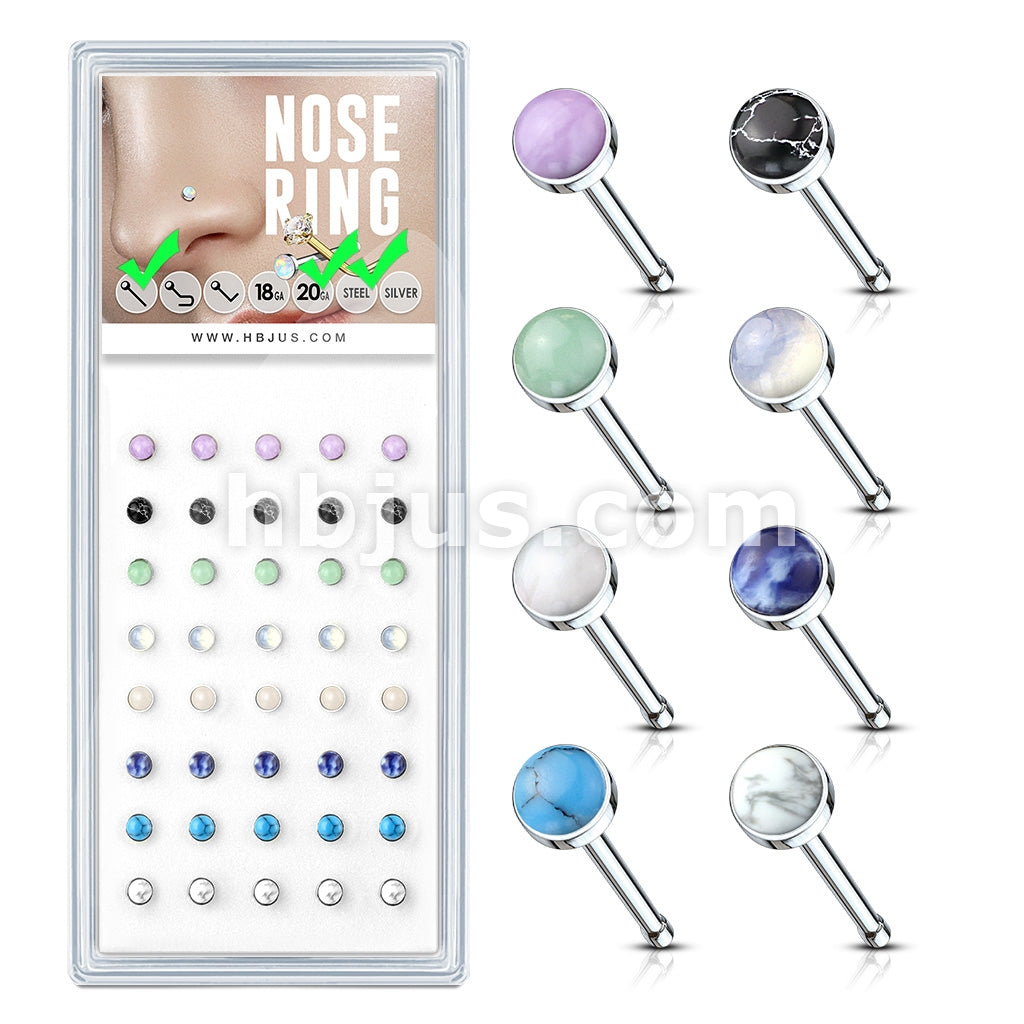 40pcs Pre Loaded Semi Precious Stone Set 316L Surgical Steel BoneNose Stud Pack (5 pcs x 8 Styles)