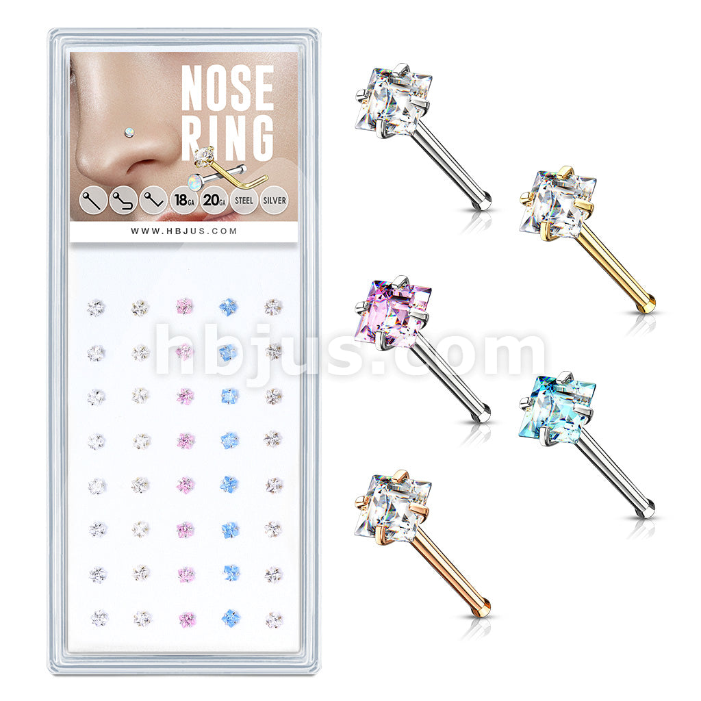 40 Pcs Pre Loaded Box of Prong Set Square CZ Top 316L Surgical Steel Nose Stud Package (5 Colors x 8 Pcs)