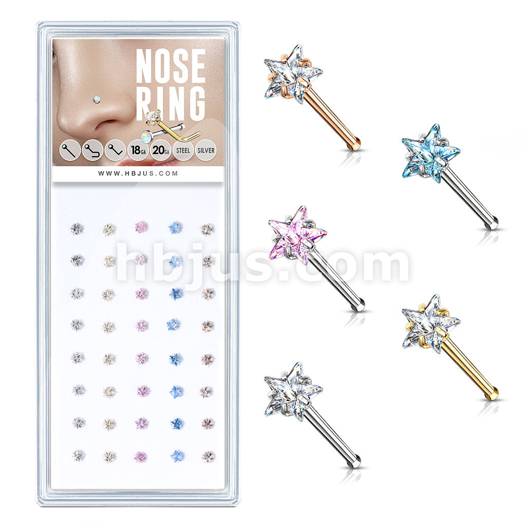 40 Pcs Pre Loaded Box of Prong Set Star CZ Top 316L Surgical Steel Nose Stud Package (5 Colors x 8 Pcs)