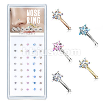 40 Pcs Pre Loaded Box of Prong Set Star CZ Top 316L Surgical Steel Nose Stud Package (5 Colors x 8 Pcs)